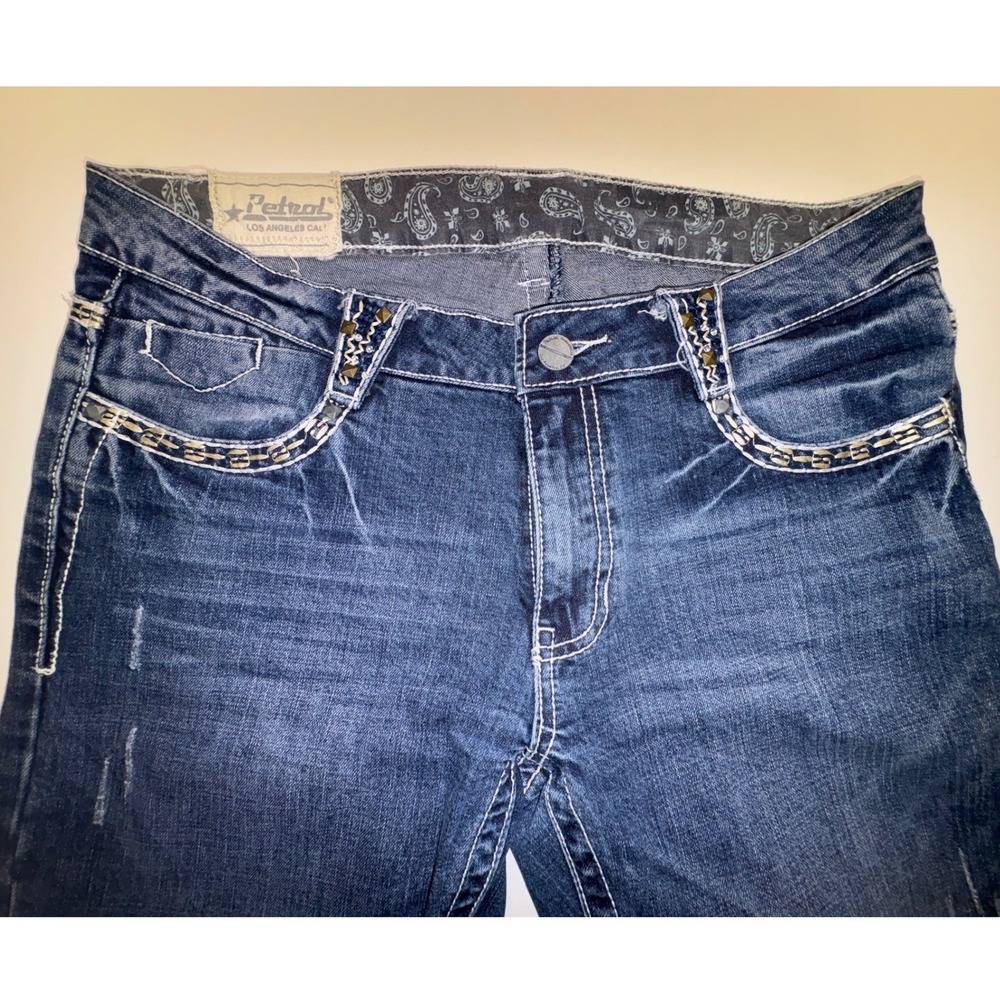 Petrol Delphine Womens Blue Bootcut Jeans Studded Rhinestone Embroidered 32W 33L